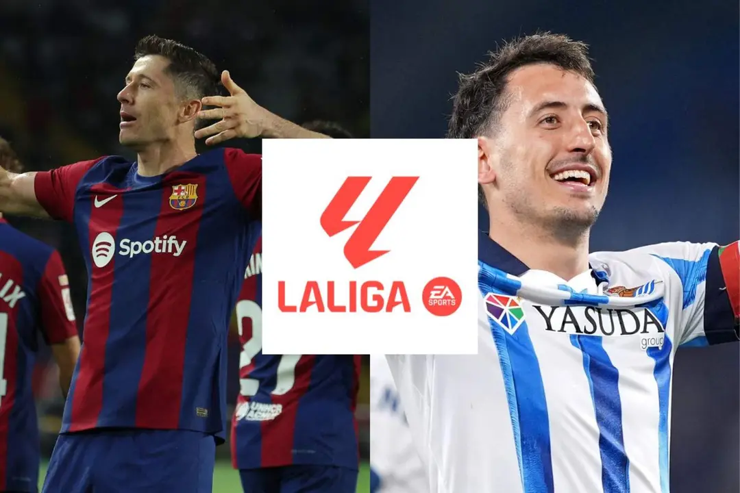 Lewandowski (izquierda) y Oyarzabal (derecha) levantan los brazos celebrando goles