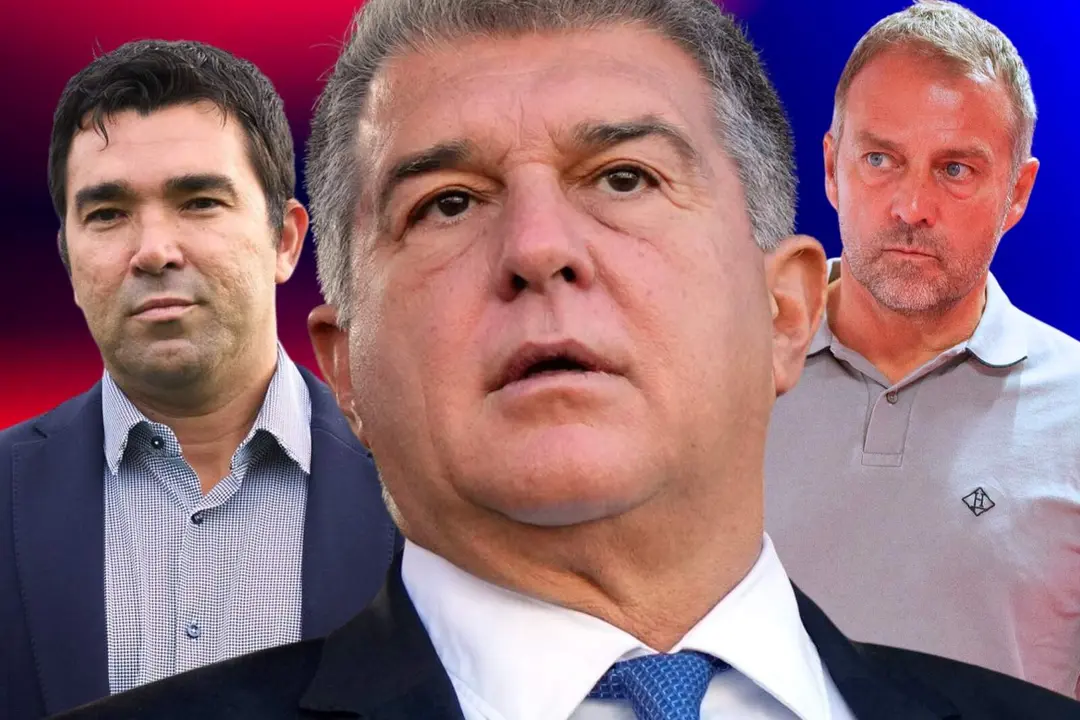 Deco, Laporta y Hansi Flick