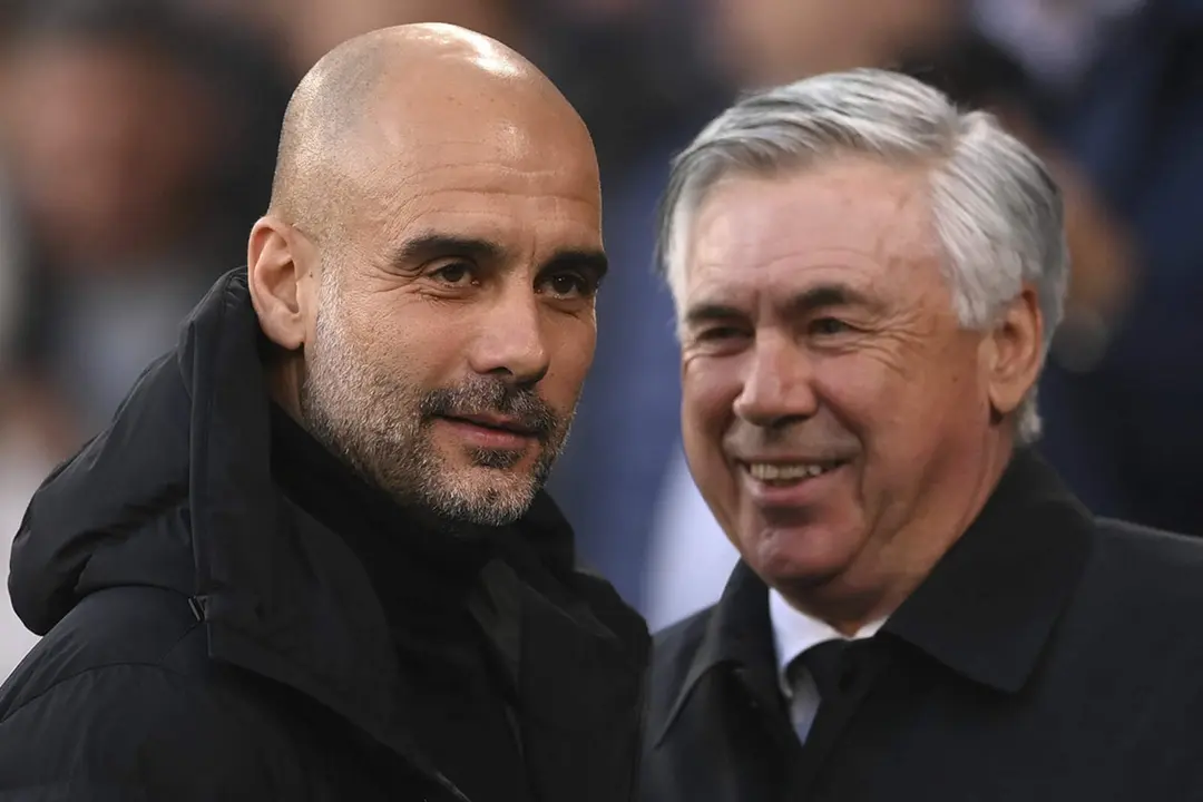 Pep Guardiola y Carlo Ancelotti, sonrientes