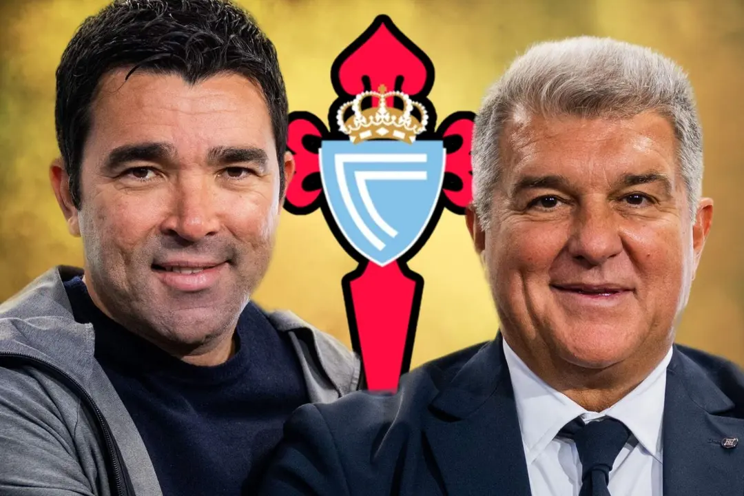 Laporta y Deco con el escudo del Celta al fondo