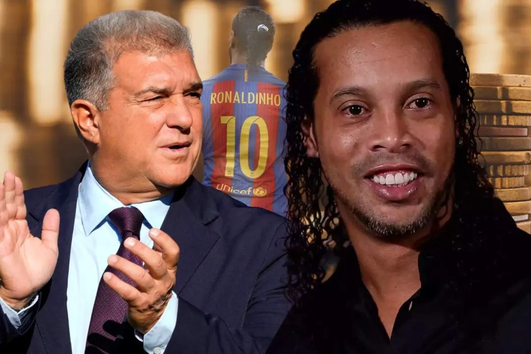 Ronaldinho y Joan Laporta en primer plano