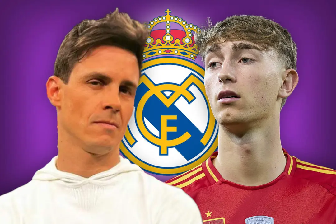 Edu Aguirre junto a Dean Huijsen y el escudo del Real Madrid