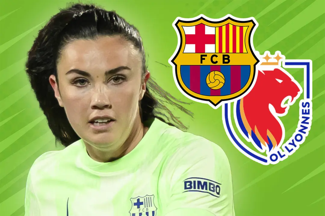 Ingrid Engen, junto a los escudos de FC Barcelona y OL Lyonnes