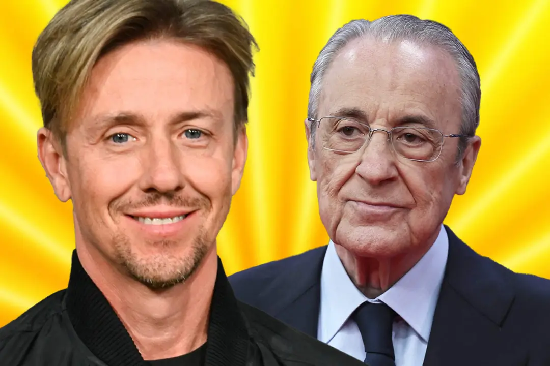 Guti sonriente, al lado de Florentino y un fondo amarillo