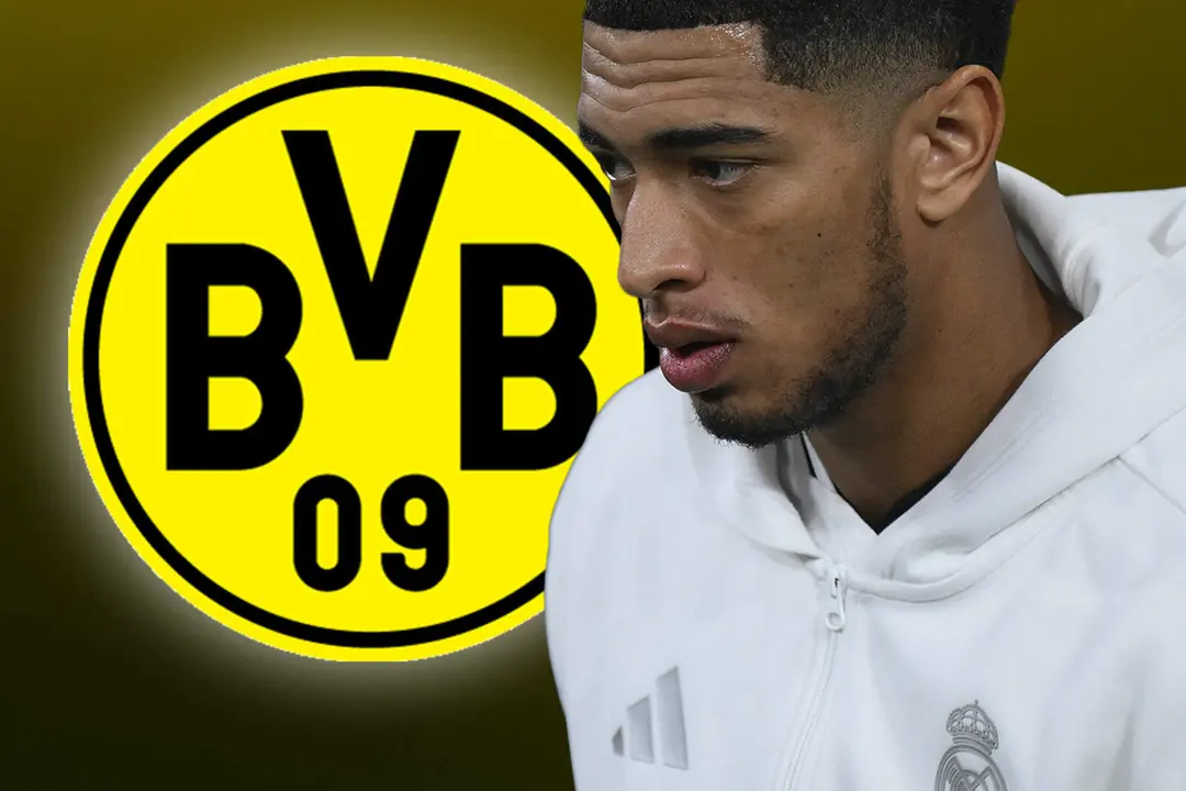 Jude Bellingham junto al escudo del Borussia Dortmund
