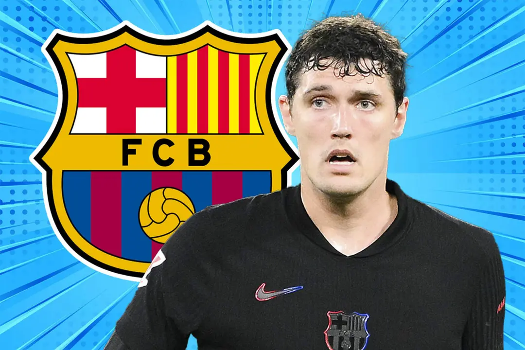 Andreas Christensen junto al escudo del FC Barcelona