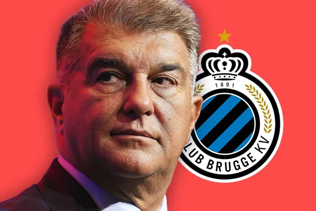 Joan Laporta frente al escudo del Brujas