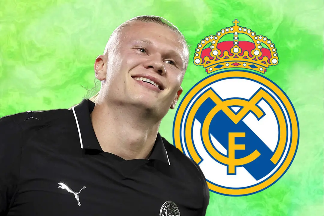 Erling Haaland junto al escudo del Real Madrid