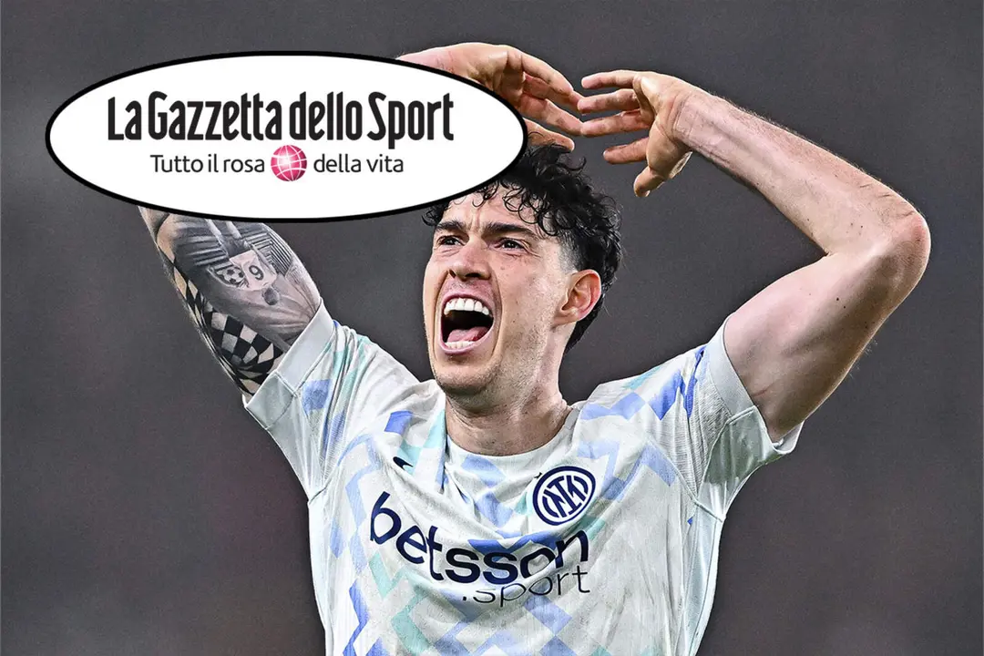 Alessandro Bastoni y el logo de La Gazzetta dello Sport