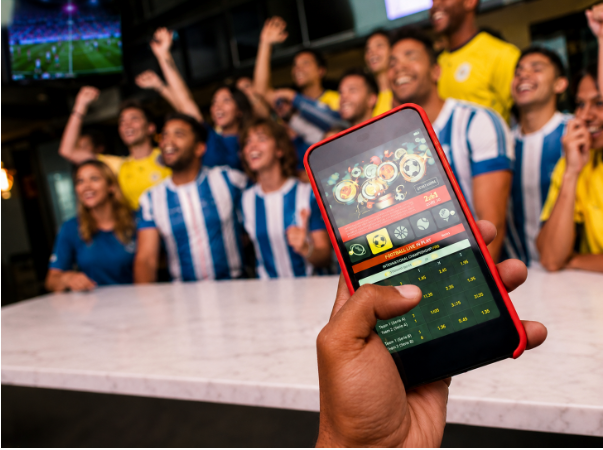 Aficionados celebrando un partido mientras consultan estad&iacute;sticas en un m&oacute;vil