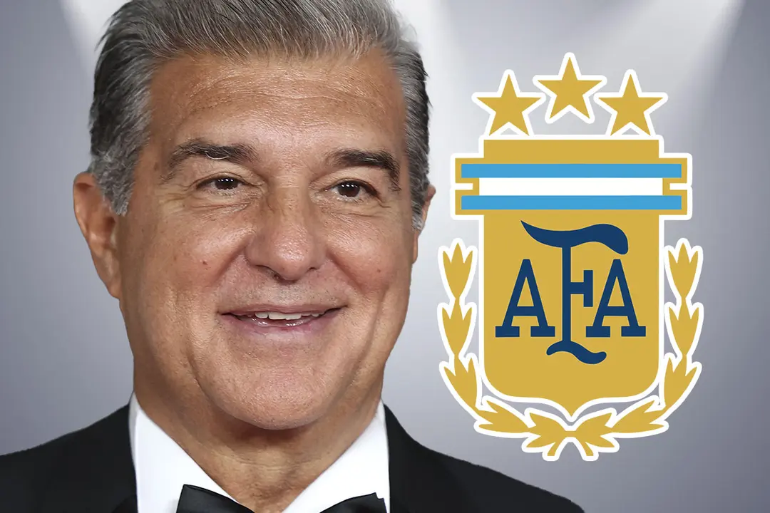 Joan Laporta junto al logotipo de la AFA | Foto: Getty Images, Madrid-Barcelona
