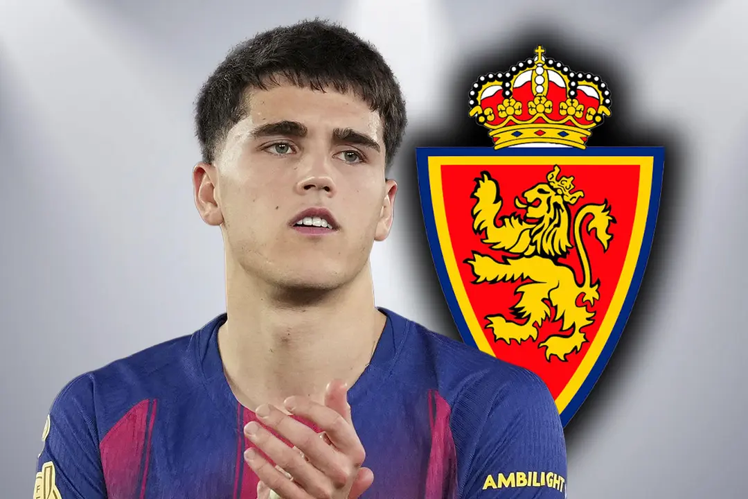 Pau Cubars&iacute; junto al escudo del Real Zaragoza | Foto: Getty Images, Madrid-Barcelona