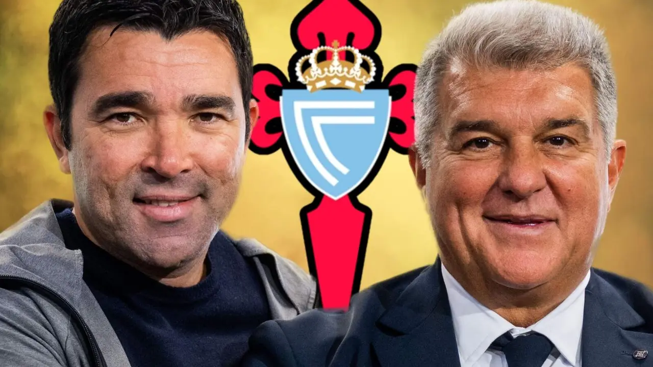 Laporta y Deco con el escudo del Celta al fondo