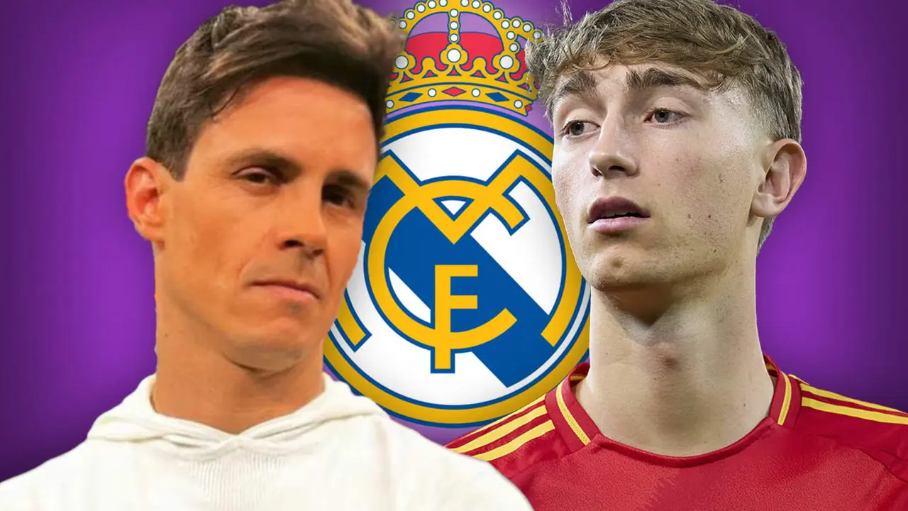 Edu Aguirre junto a Dean Huijsen y el escudo del Real Madrid