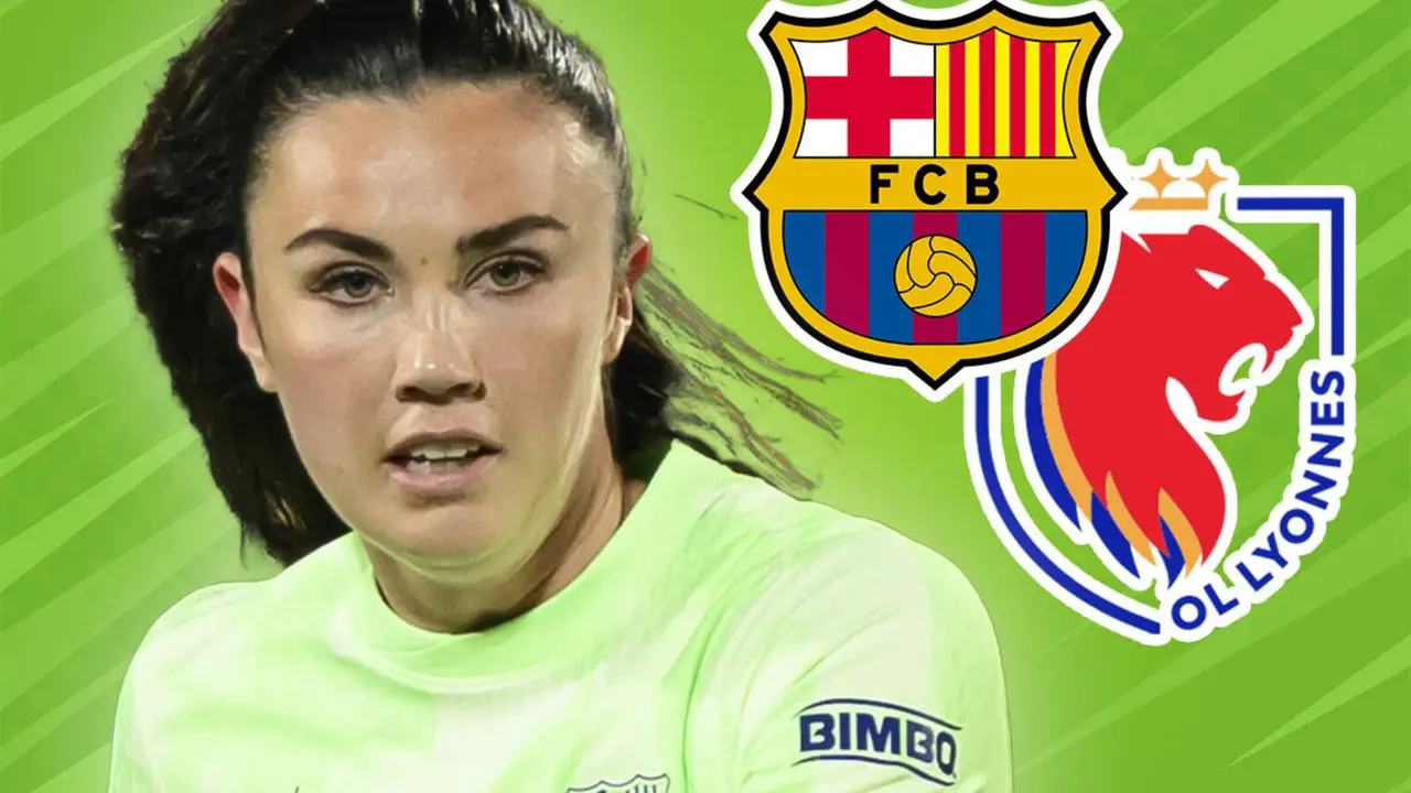 Ingrid Engen, junto a los escudos de FC Barcelona y OL Lyonnes