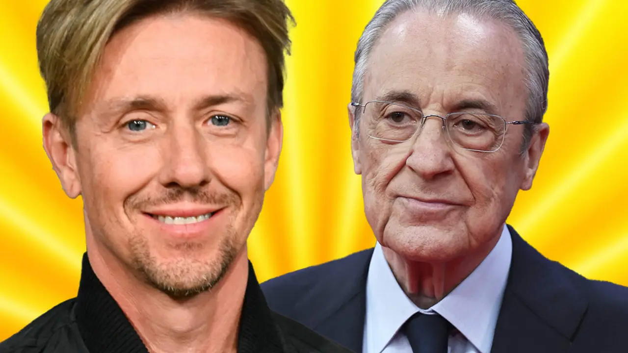 Guti sonriente, al lado de Florentino y un fondo amarillo
