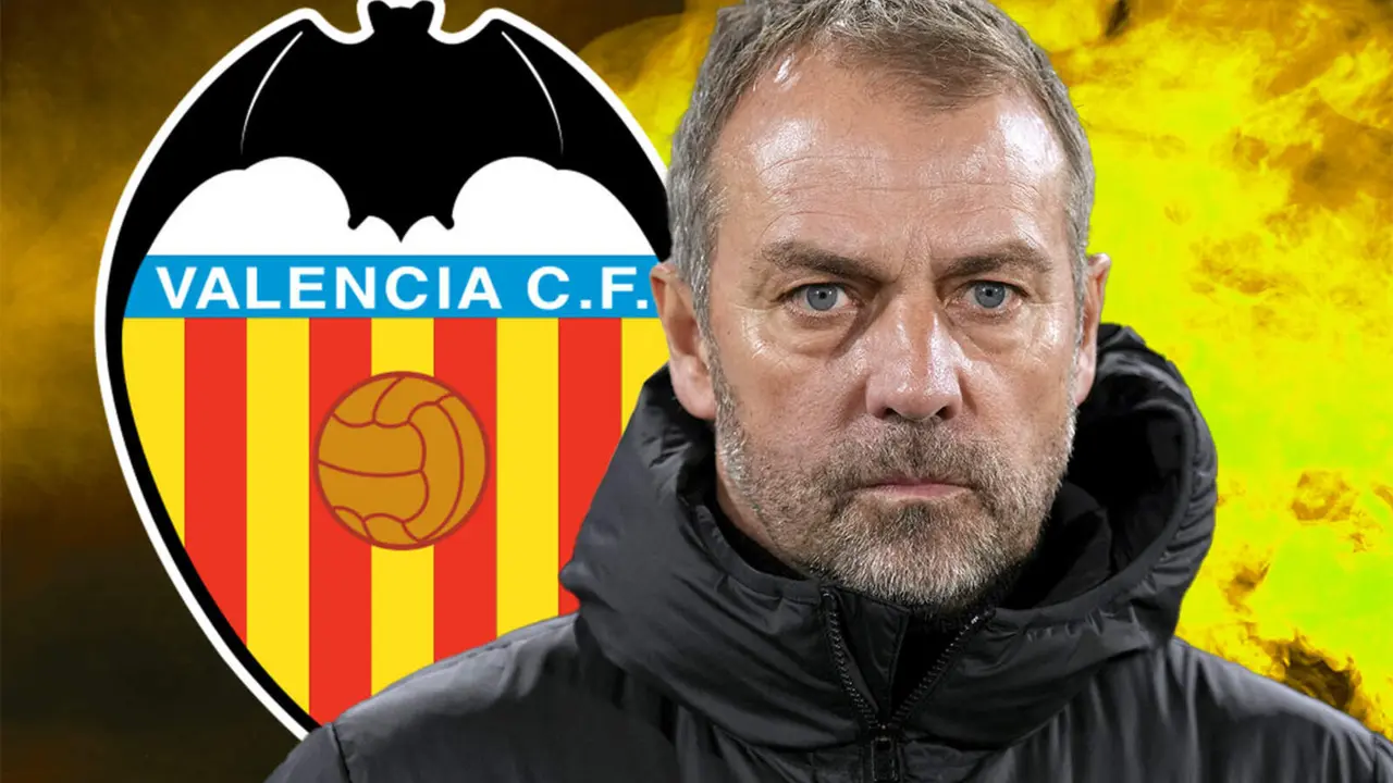 Hansi Flick junto al escudo del Valencia