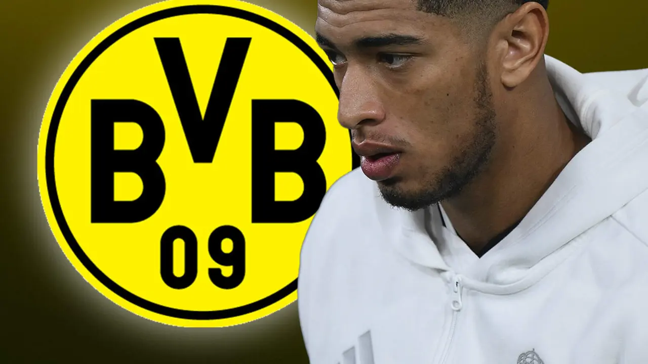 Jude Bellingham junto al escudo del Borussia Dortmund