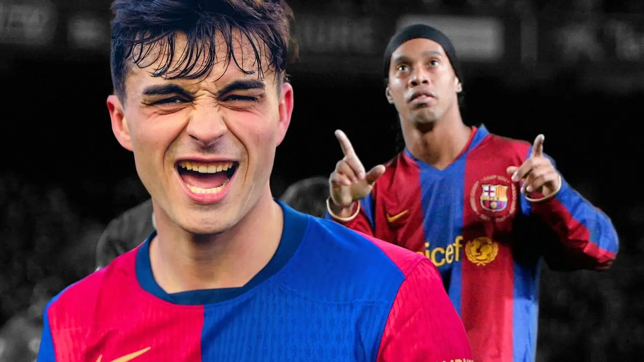 Pedri en primer plano y Ronaldinho de fondo