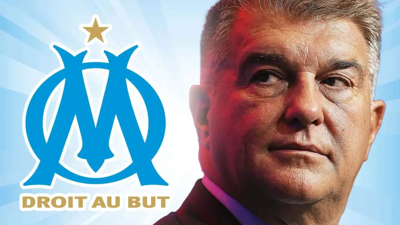 Joan Laporta junto al escudo del Olympique Marsella