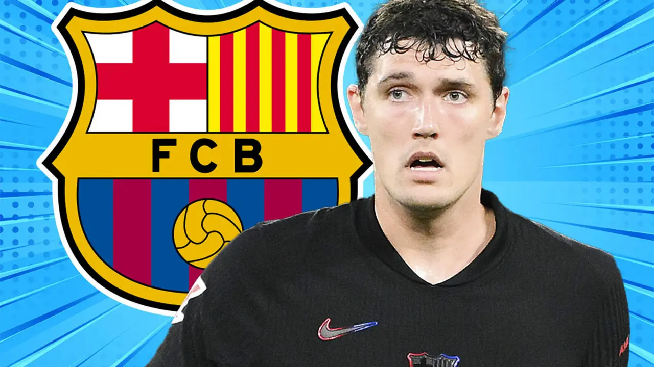 Andreas Christensen junto al escudo del FC Barcelona