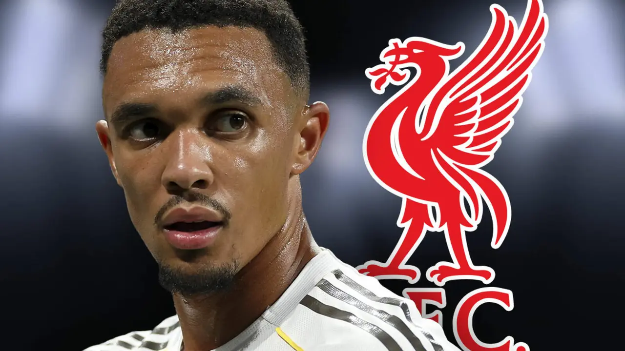 Trent Alexander-Arnold junto al escudo del Liverpool
