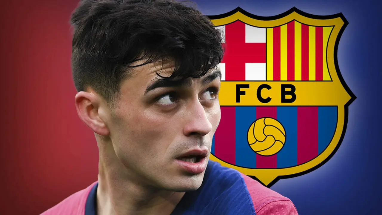 Pedri junto al escudo del FC Barcelona