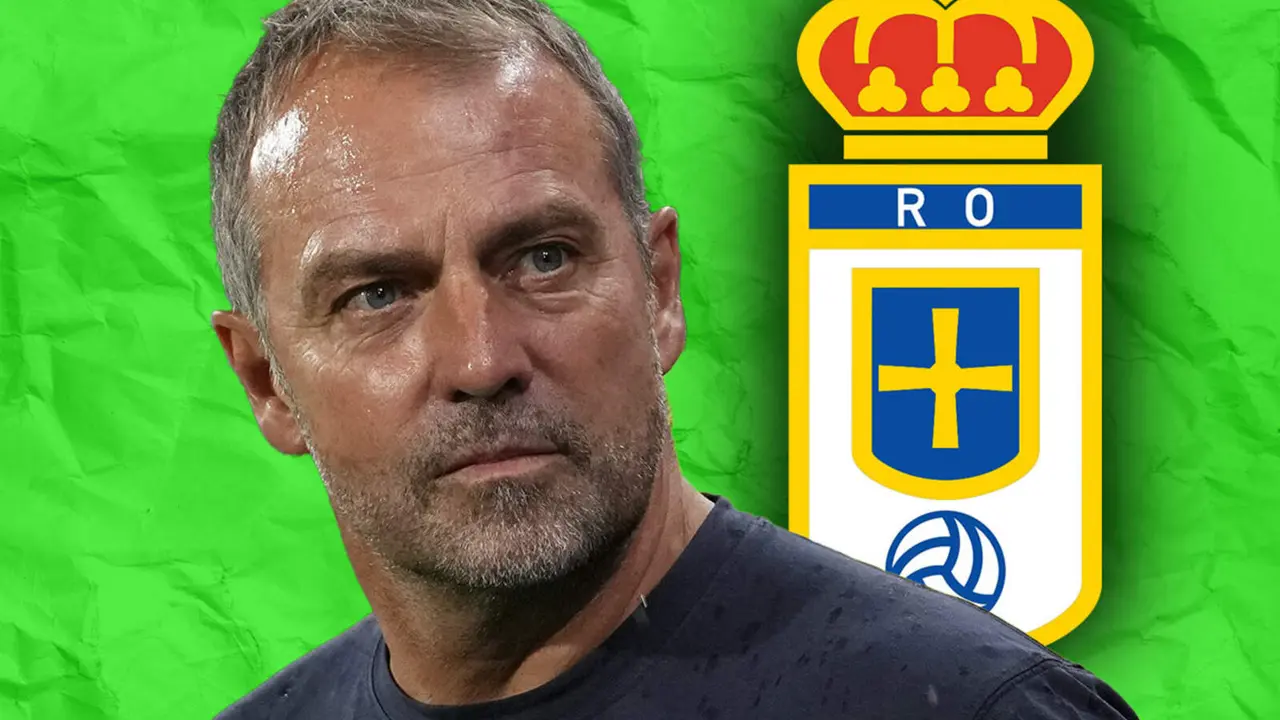 Hansi Flick junto al escudo del Oviedo