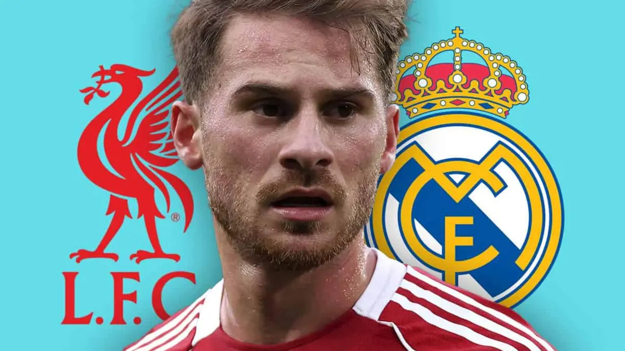 Alexis Mac Allister frente a los escudos de Liverpool y Real Madrid