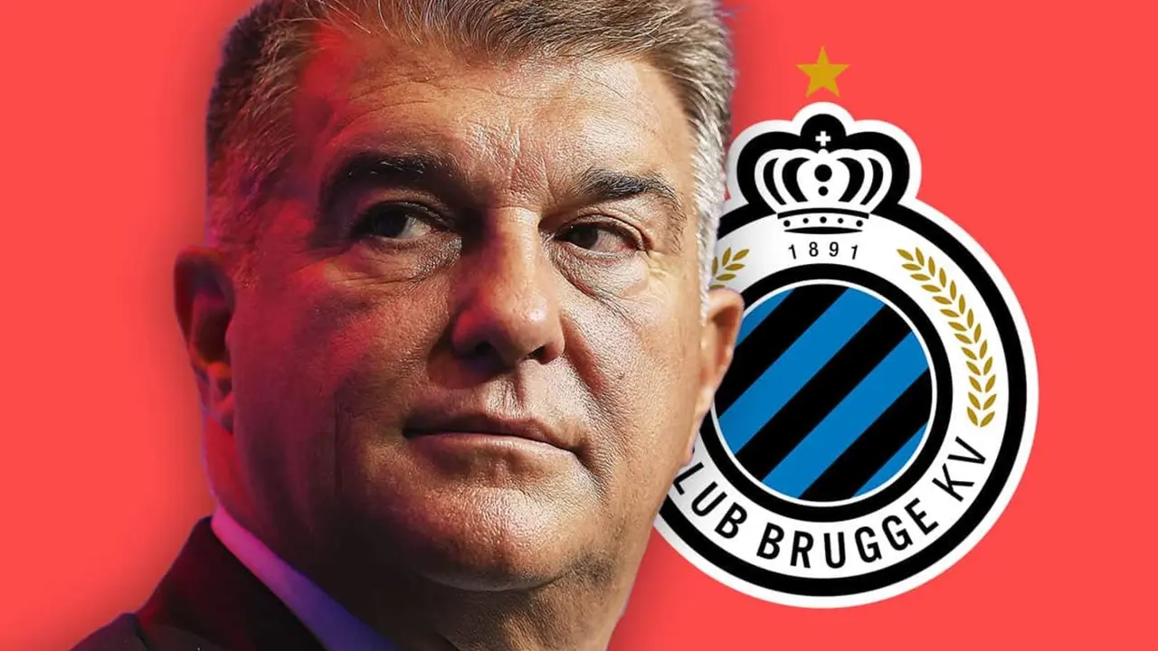 Joan Laporta frente al escudo del Brujas