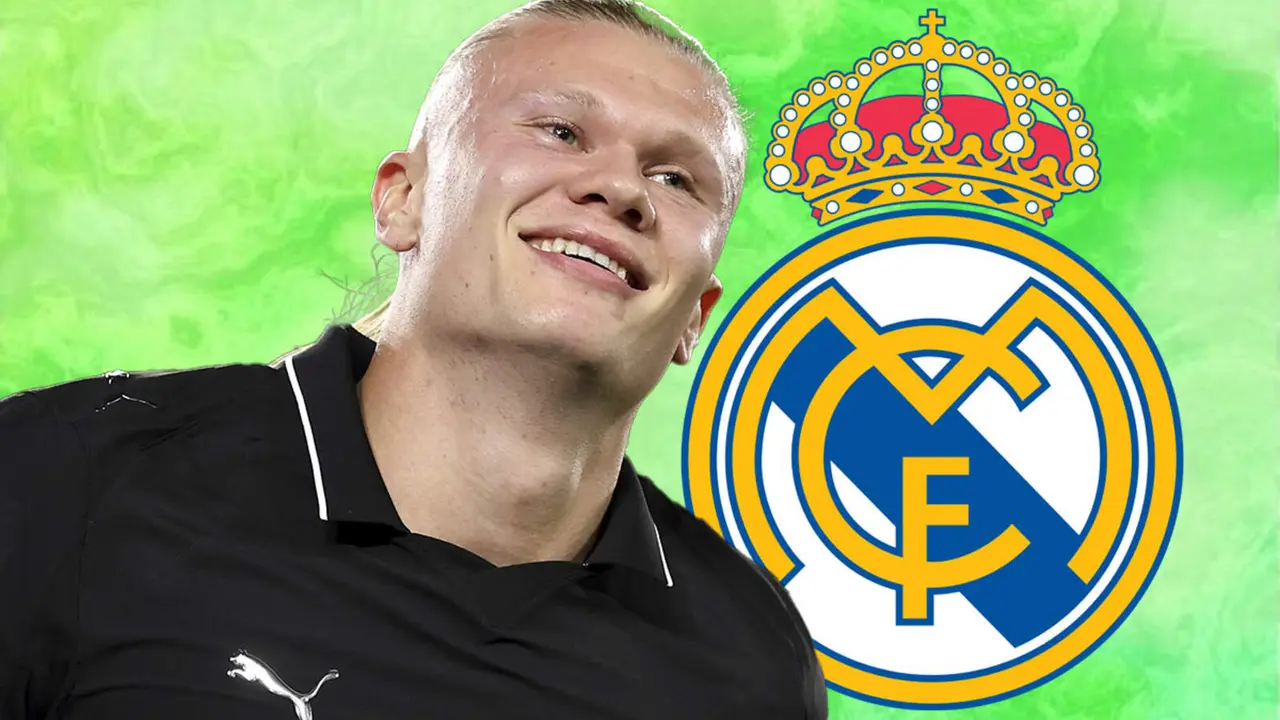 Erling Haaland junto al escudo del Real Madrid