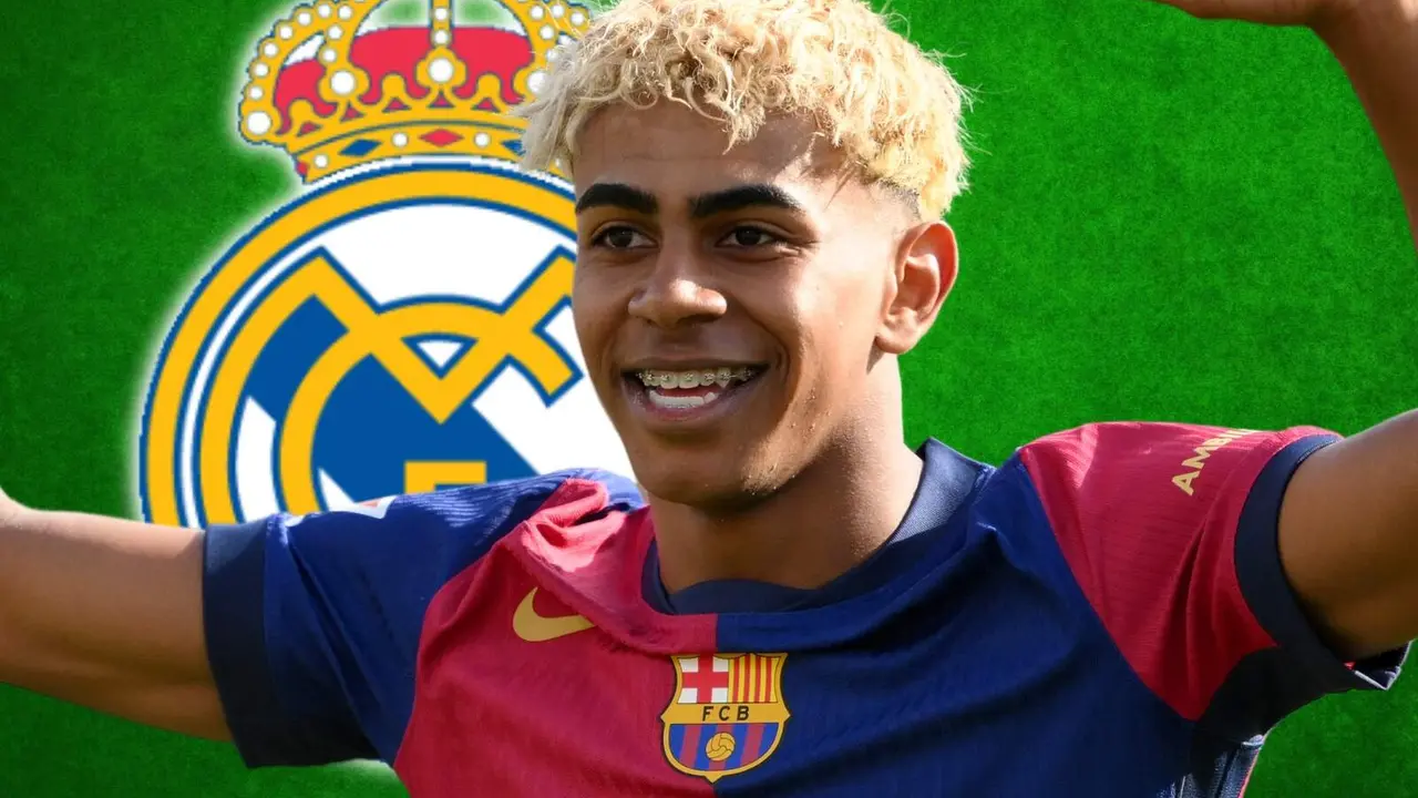Lamine Yamal frente al escudo del Real Madrid
