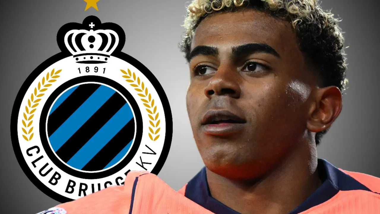 Lamine Yamal frente al escudo del Club Brugge