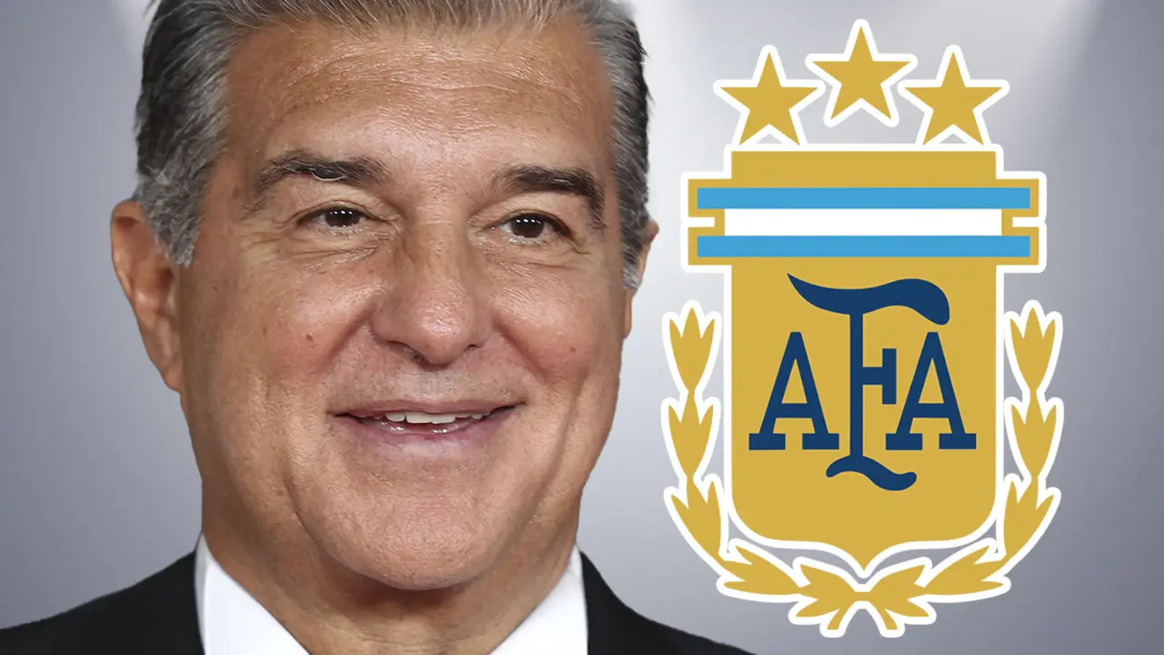 Joan Laporta junto al logotipo de la AFA | Foto: Getty Images, Madrid-Barcelona